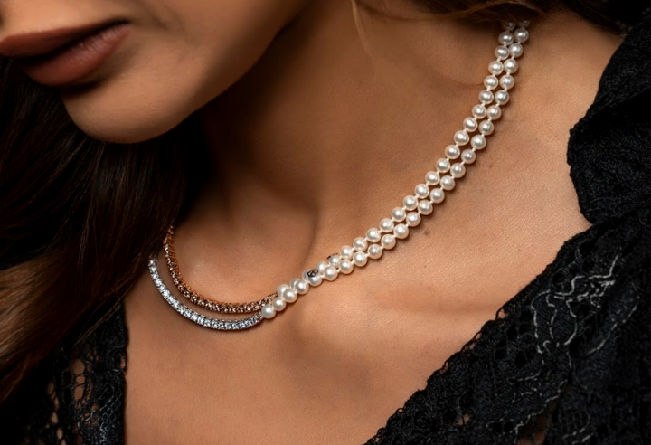 Colar Perola com Riviera Diamante Branco