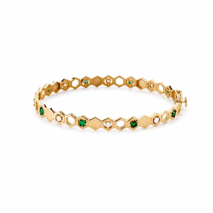 Bracelete Colmeias Variadas com Diamantes Brancos e Esmeraldas