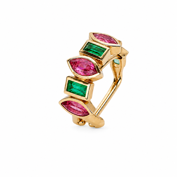 Piercing Cravação Inglesa com Turmalinas Rosa e Esmeraldas