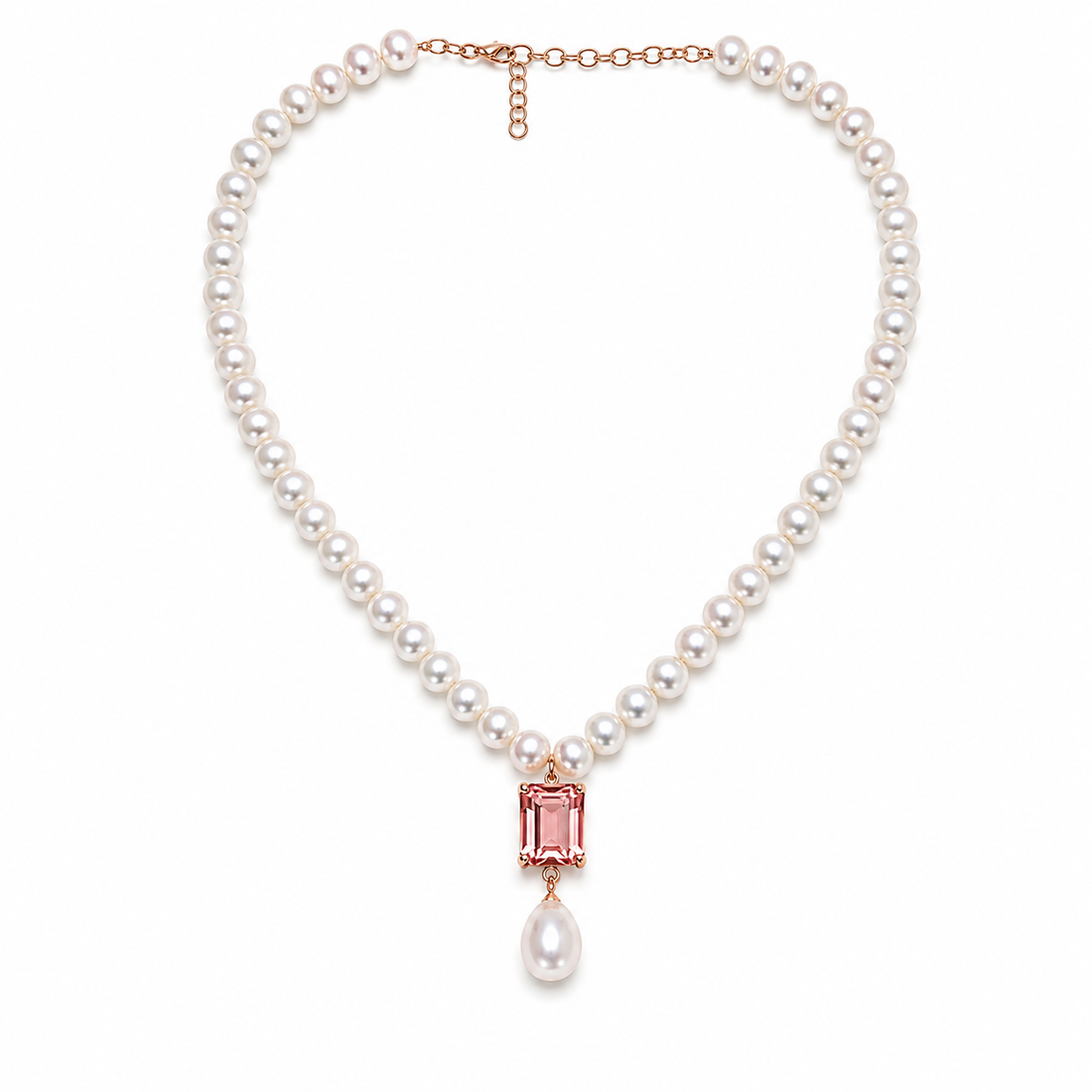 Colar Pérola com Turmalina Rosa e Pérola Gota