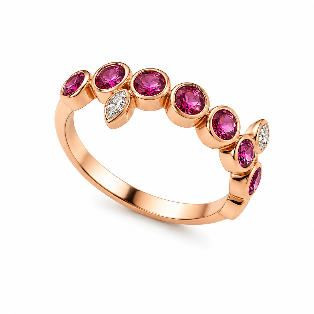 Meia Aliança Turmalina Rosa E Diamantes Brancos