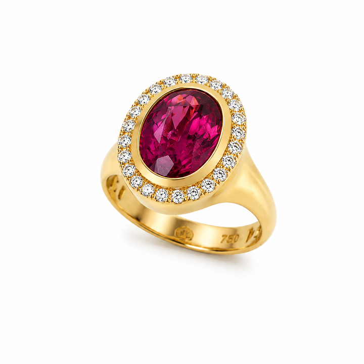 Anel Dedinho Rubelita Com Diamantes Brancos