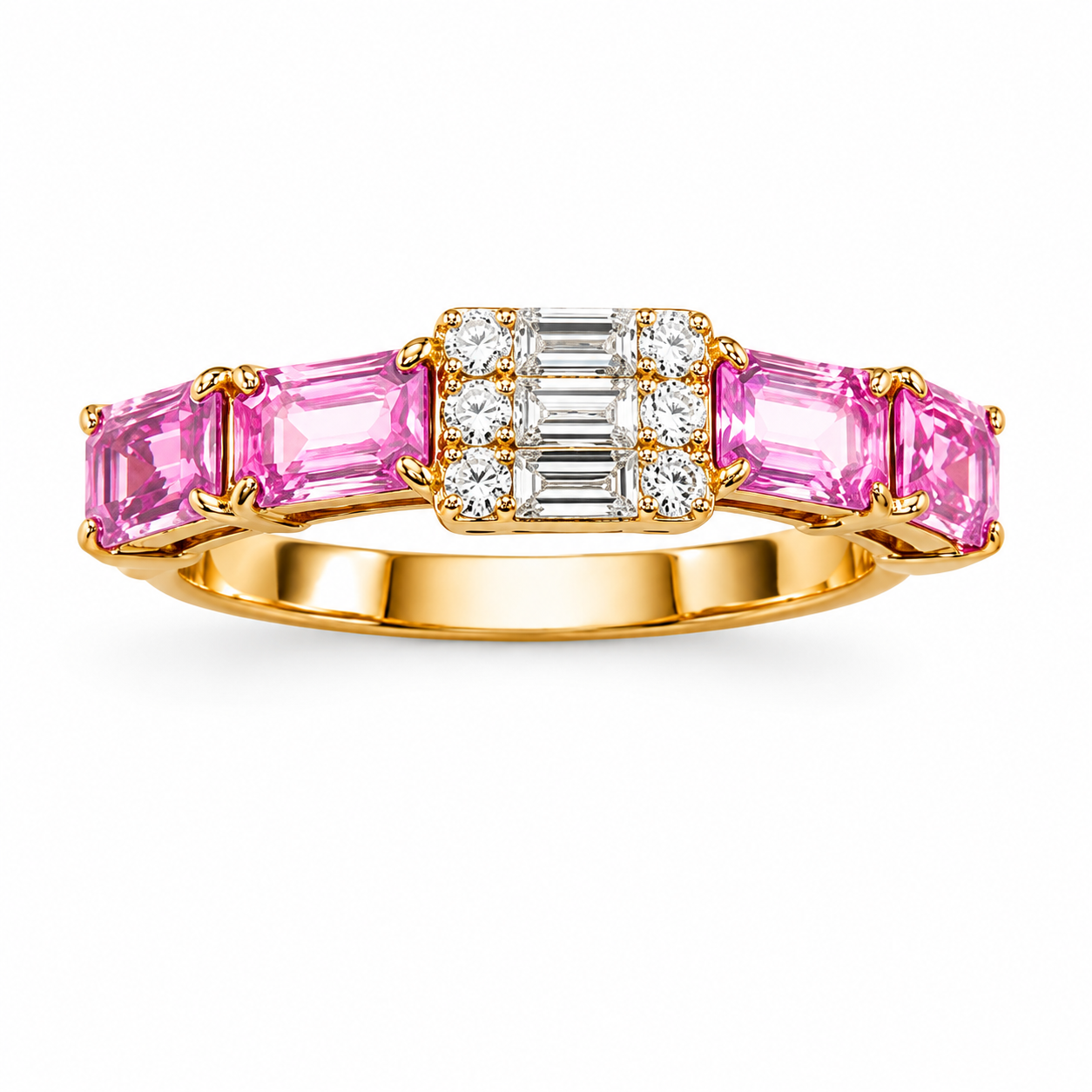 Anel Safira Rosa E Diamantes Brancos