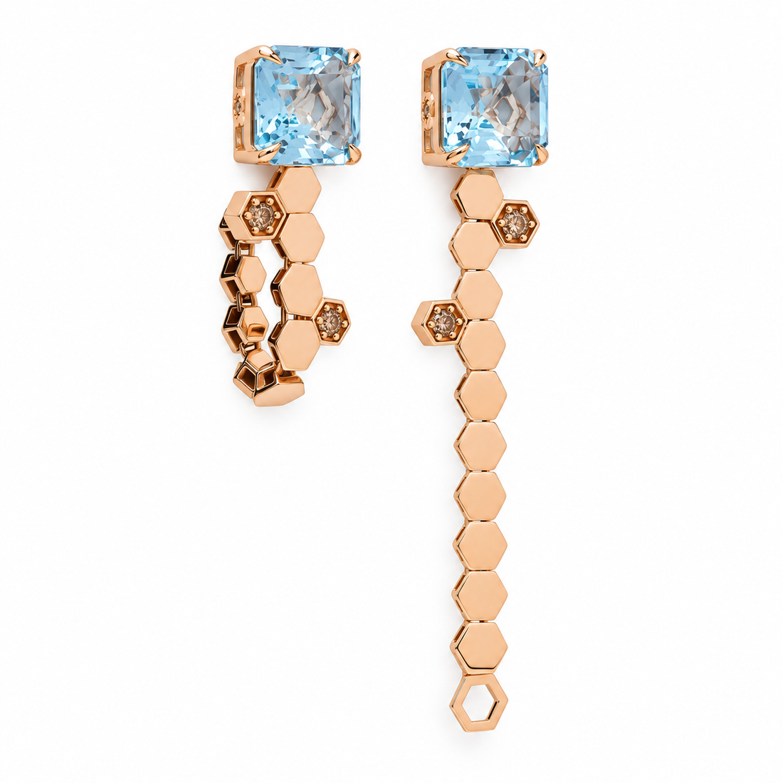 Brinco Pendurado Colmeia com Topázio Azul e Diamantes Brown