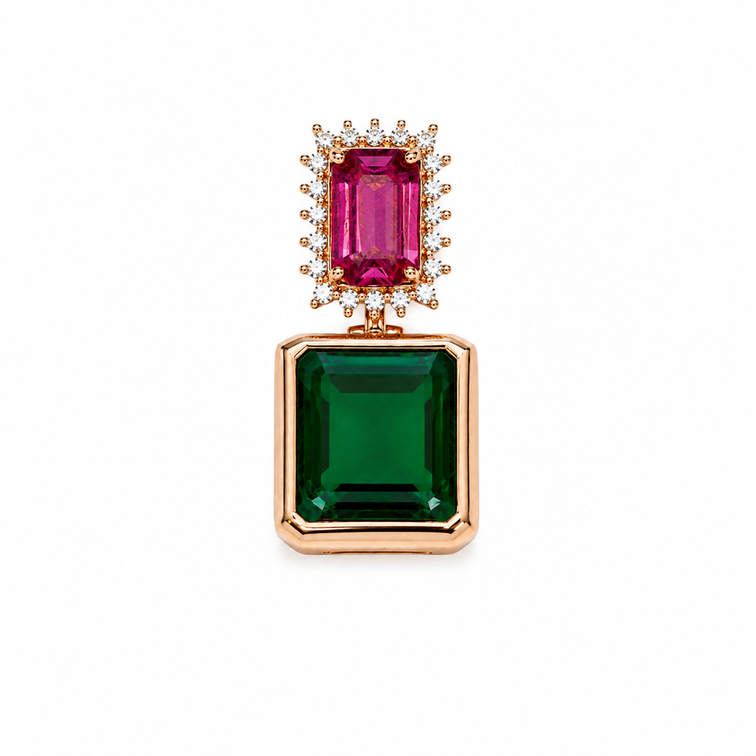 Pingente Esmeralda com Turmalina Rosa e Diamantes Brancos