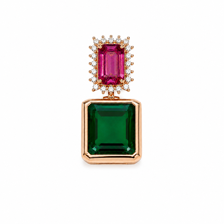 Pingente Esmeralda com Turmalina Rosa e Diamantes Brancos