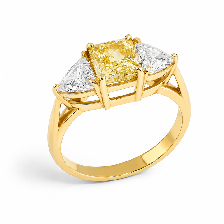 Anel Fancy Yellow Cushion & Trillion