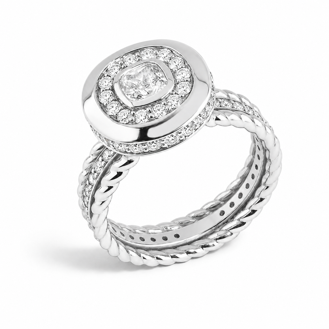 Anel Diamante Cushion com Aro Trançado