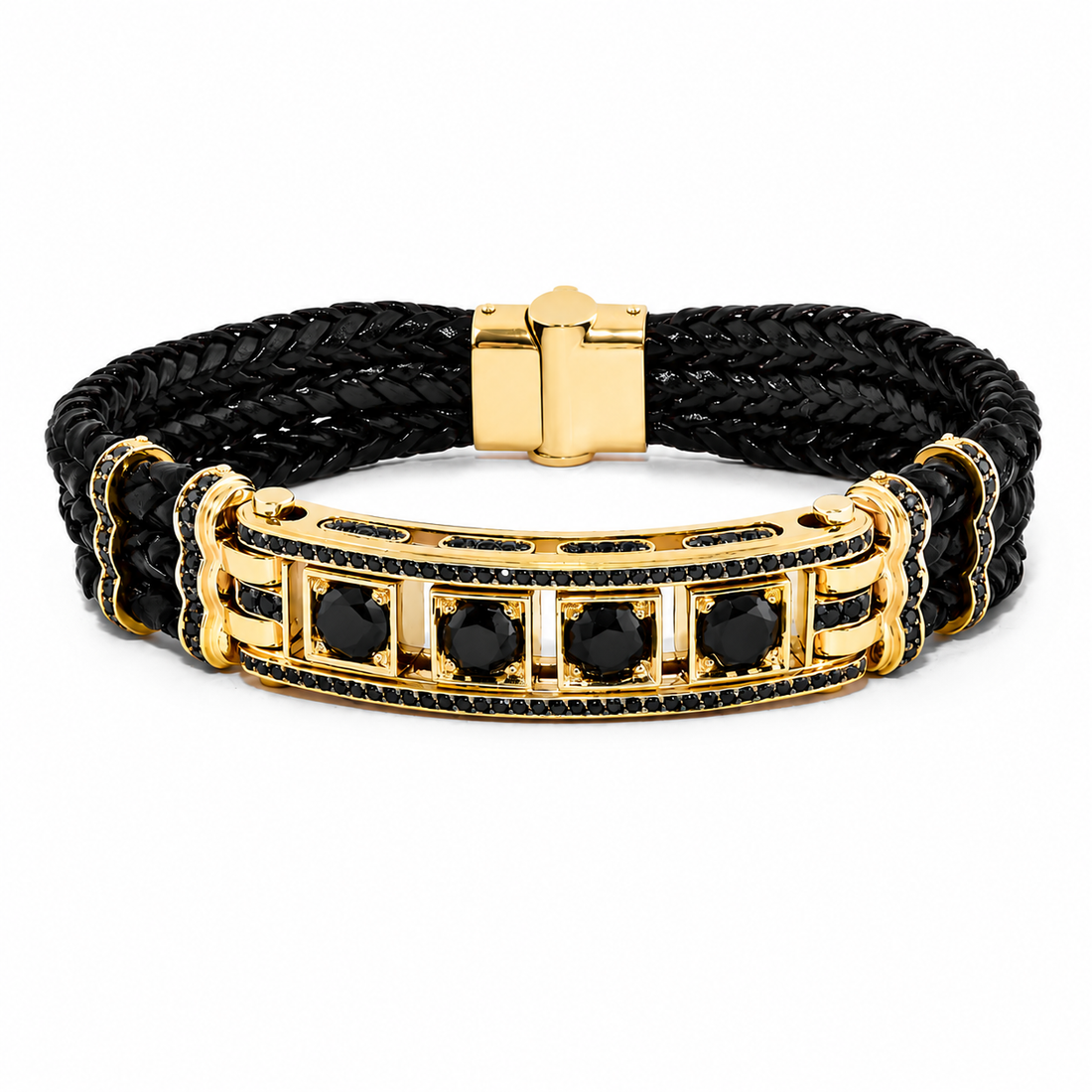 Pulseira de Couro com Diamantes Negros