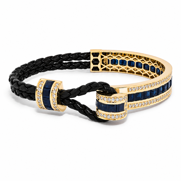 Pulseira de Couro com Safiras e Diamantes brancos