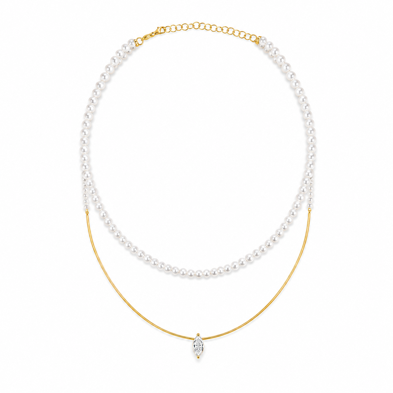 Colar de Pérolas Aro Duplo Diamante Navete 1ct