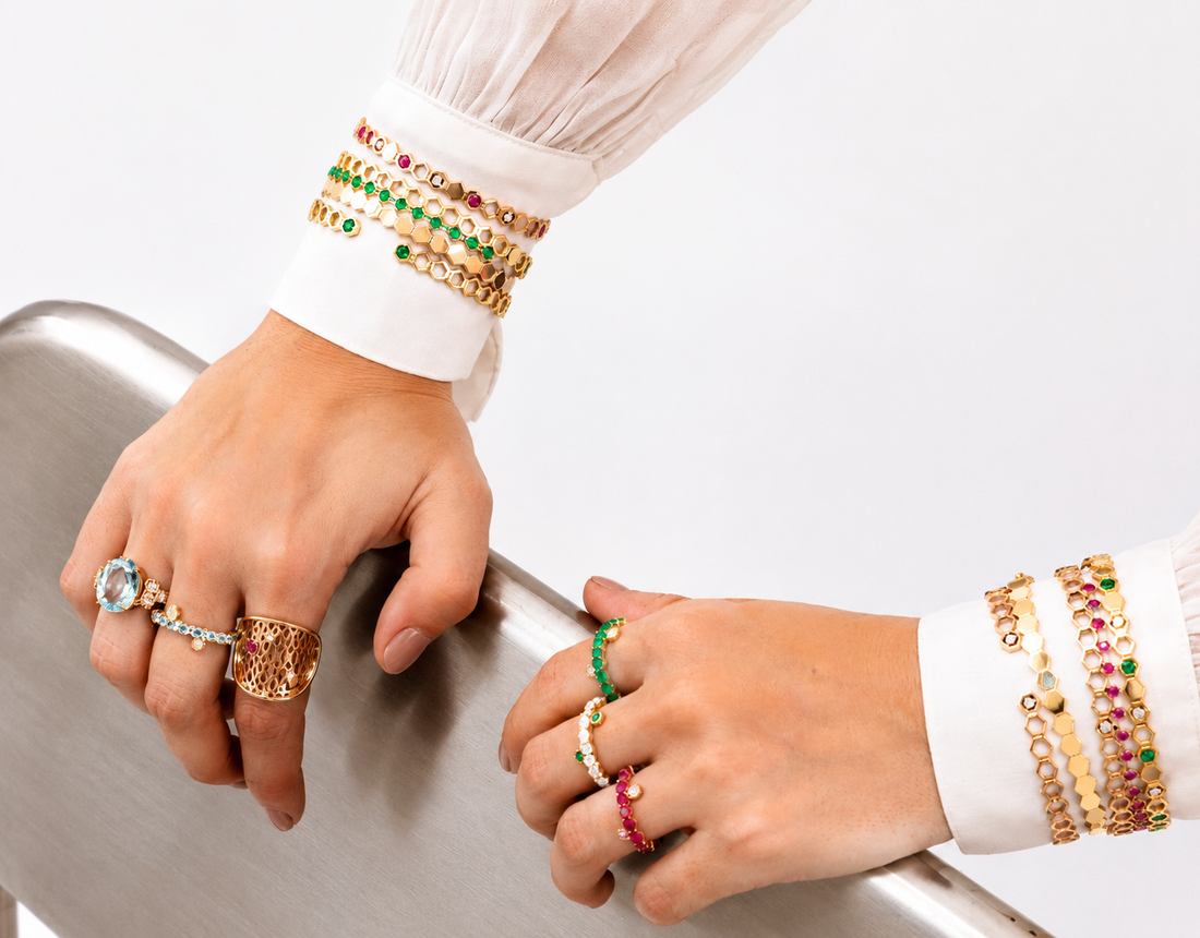 Bracelete Colmeias Variadas com Diamantes Brancos e Rubi