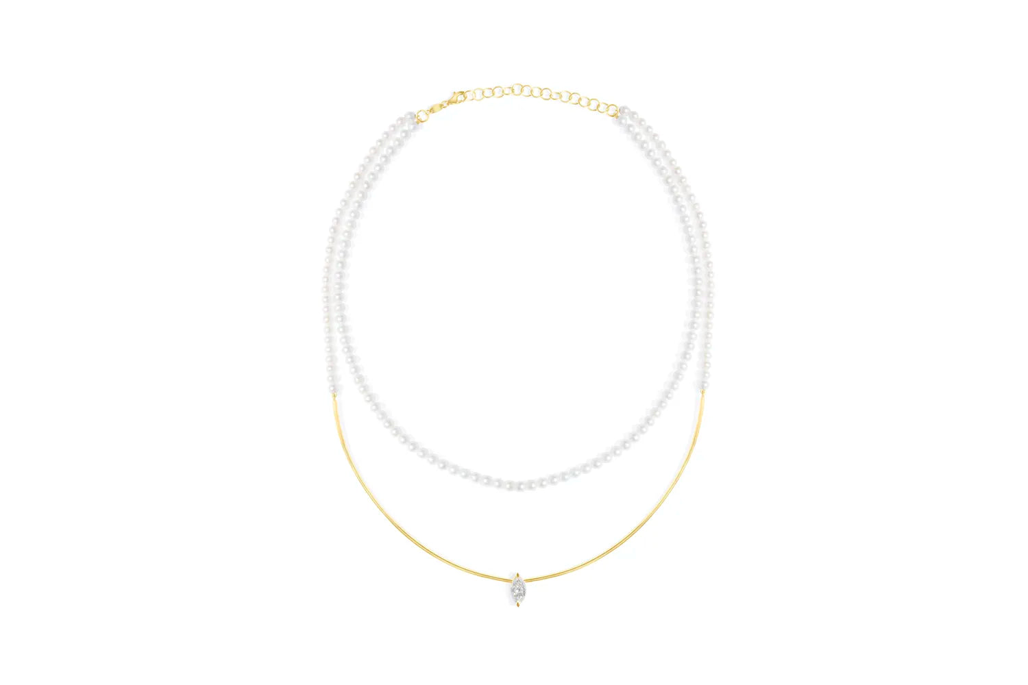 Colar de Perolas Aro Duplo Diamante Navete 1ct