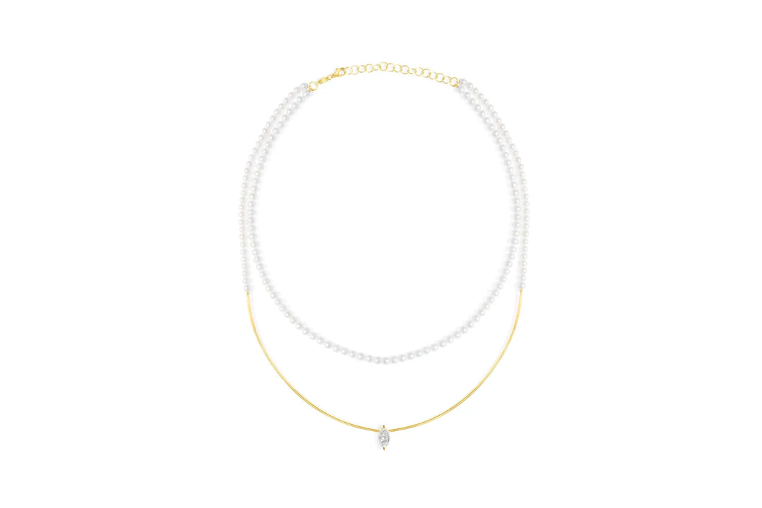 Colar de Perolas Aro Duplo Diamante Navete 1ct
