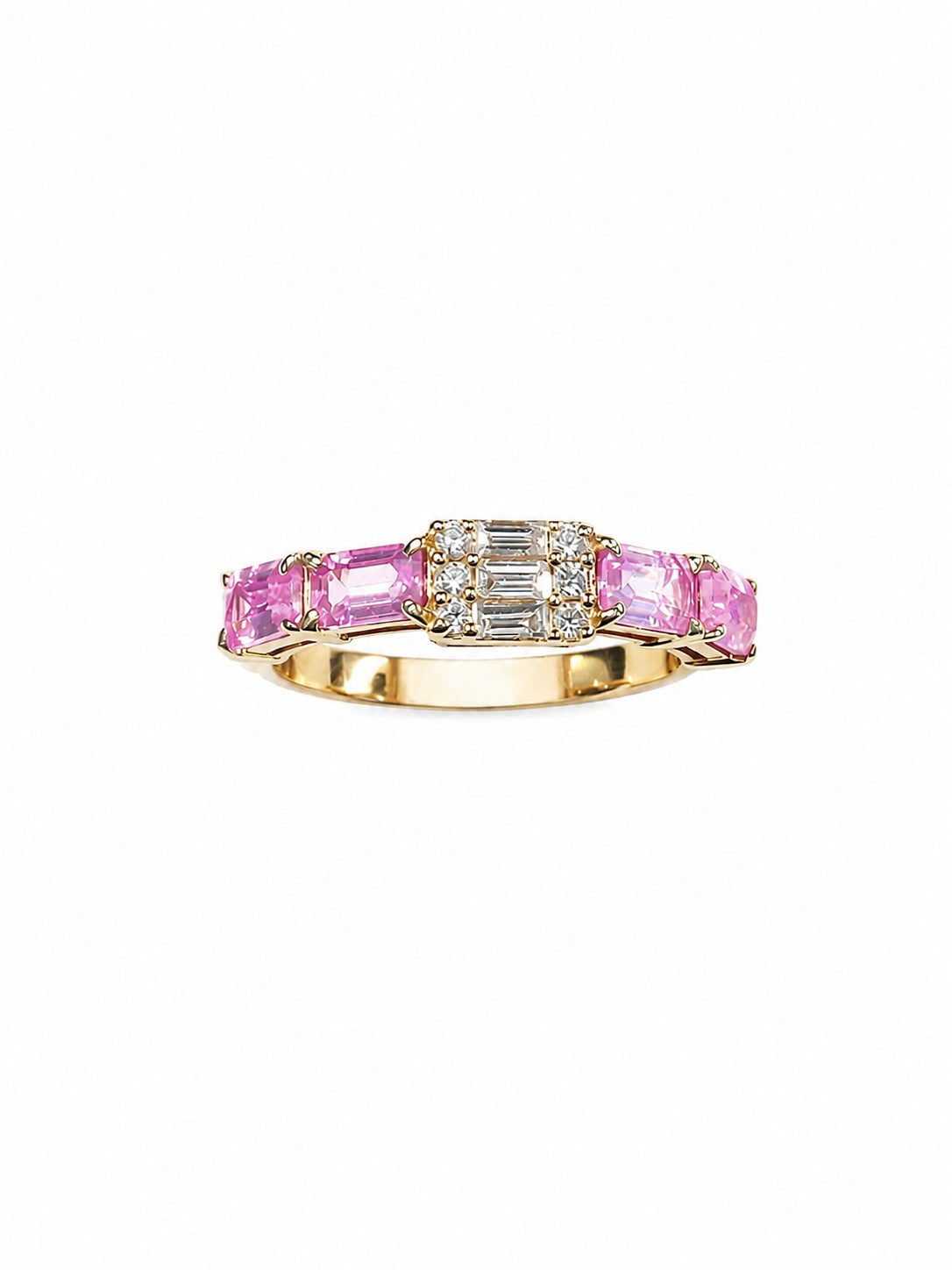 Anel Safira Rosa Baguete e Baguete Diamantes Brancos