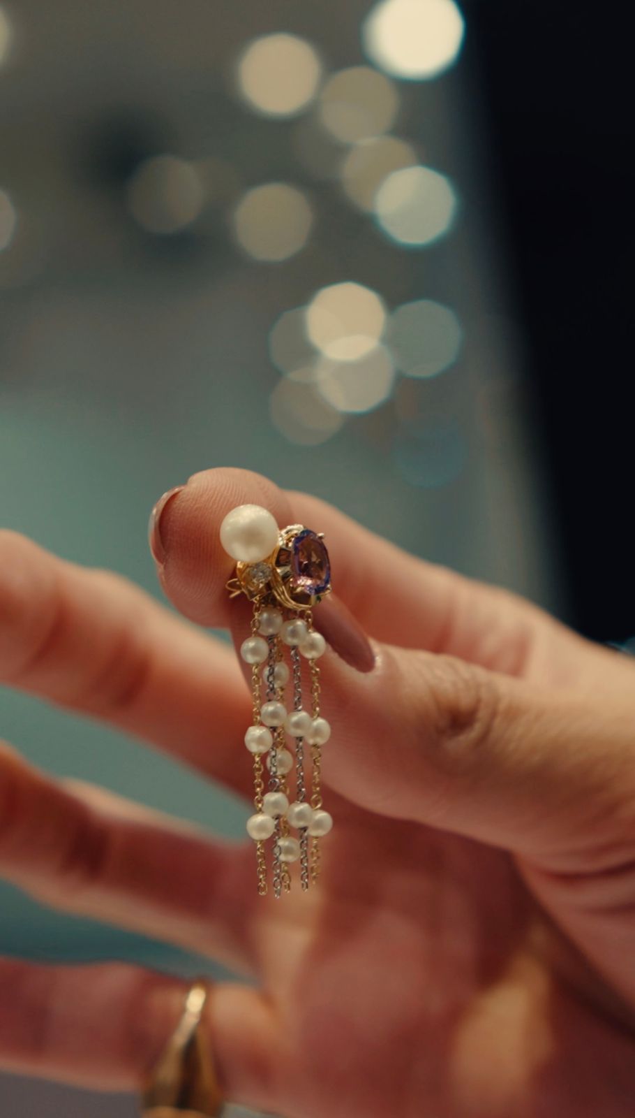 Brinco Ametista, Pérola e Diamante Branco