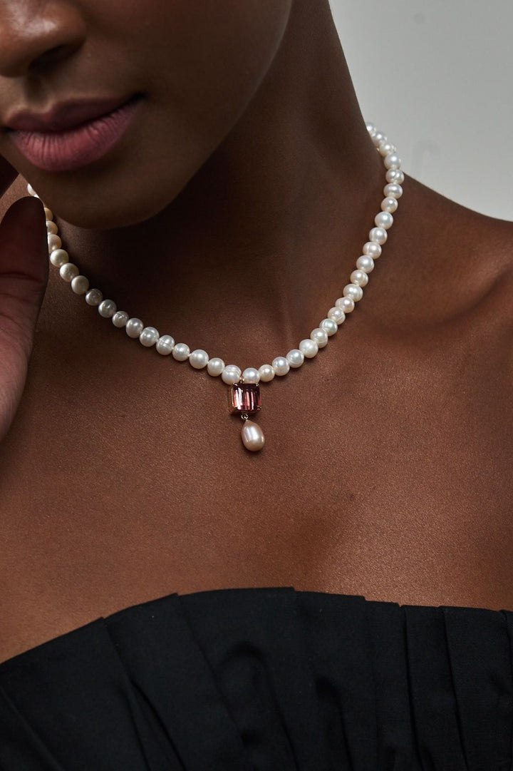 Colar Pérola com Turmalina Rosa e Pérola Gota
